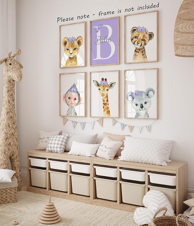 Personalized Safari Animals for Baby Girls Nursery, Set of 6 Unframed Poster Prints, Personalized Name Pink Lilac Floral, Girls Bedroom Decor, Elephant Giraffe (8x10)