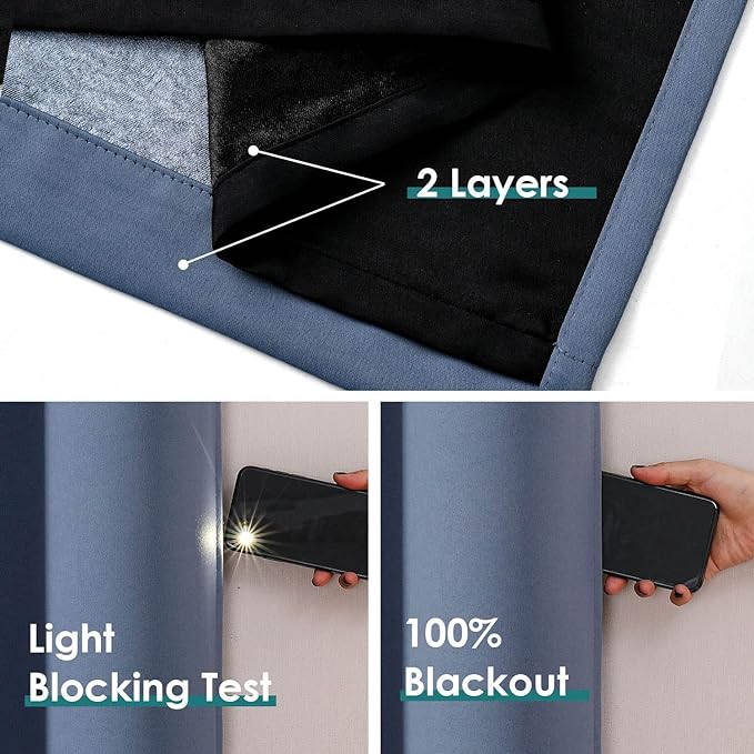 ChrisDowa 100% Blackout Curtains for Bedroom with Black Liner, 2 Thick Layers Total Blackout Thermal Insulated Grommet Window Curtains 2 Panels Set (Stone Blue, 52W x 45L)