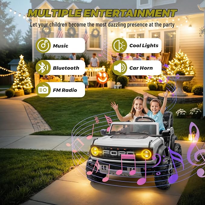 ENYOPRO 24V Ride On Toys for Big Kids, Licensed Ford Bronco Raptor 2-Seater Electric Car w/Remote Control, 21" Spacious Seat, 2x90W Powerful Motor, Spring Suspension, Bluetooth Music, 3 Speed - White