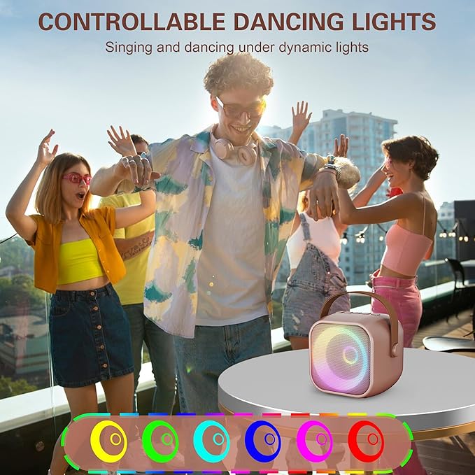 Mini Karaoke Machine, Portable Bluetooth Karaoke Speaker with 2 Wireless Microphones and Party Lights for Kids and Adults, Birthday Gifts for Girls Boys Family Home Party (Rose Gold)