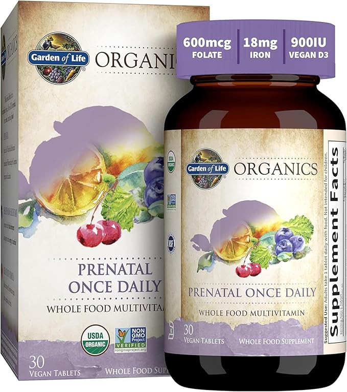 Garden of Life Organics Prenatal Vitamins - 30 Tablets, Prenatal Once Daily Whole Food Vitamins for Women with Folate not Folic Acid, Vitamin D3, Iron, Vegan One a Day Prenatal Multivitamin
