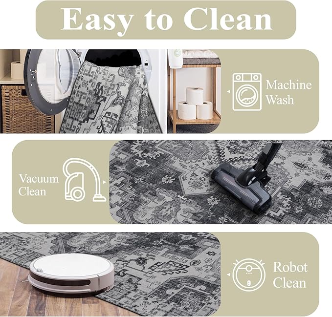 Washable 6x9 Area Rug for Living Room, Carpet for Bedroom Dining Room, Non Slip&Non-Shedding Resistant Low Pile Vintage Print Rug for Home Office (Medium Gray)