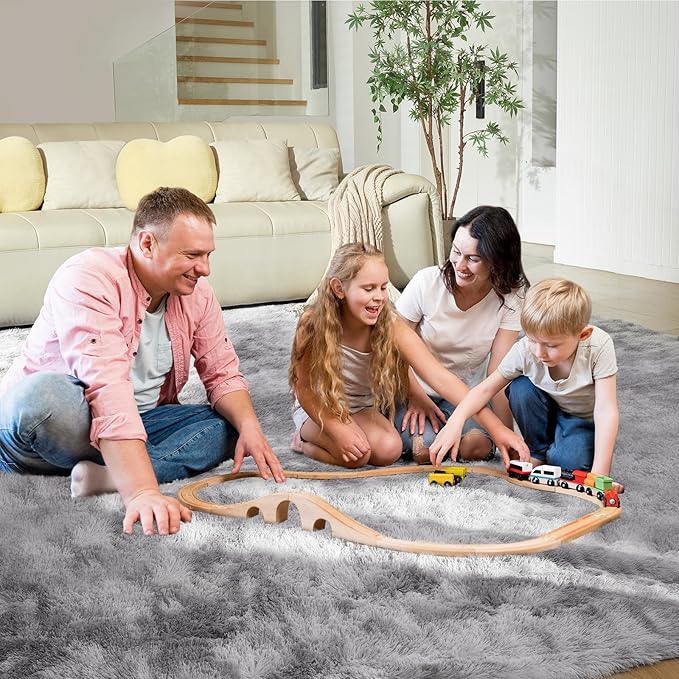 5X8 Ultra Soft Rug for Living Room, 5X8 Fluffy Shag Area Rug for Bedroom, Modern Shaggy Carpets Fuzzy Rug for Teens Dorm Nursery Home Decor Aesthetic, Upgrade Anti-Skid Durable, Tie-Dyed Light Grey