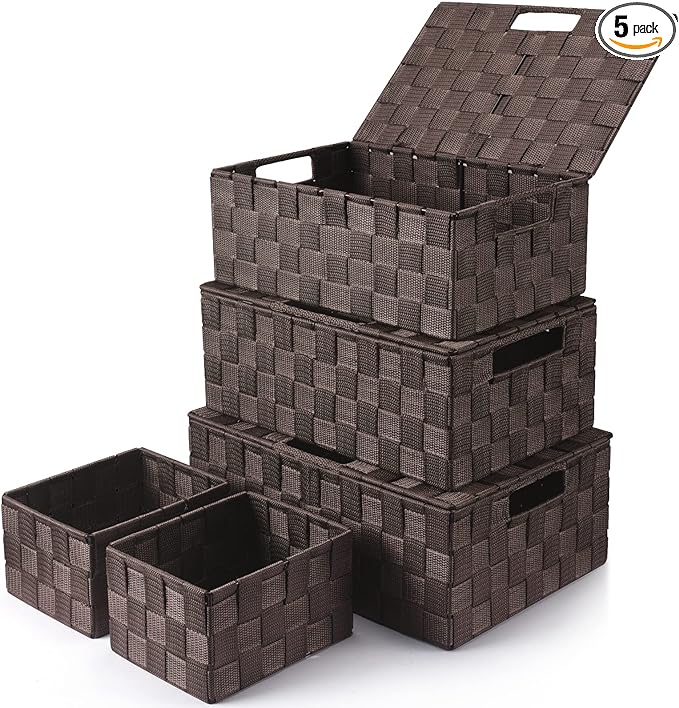 Storage Bins Baskets for Organizing with Lids, Storage Baskets for Shelves Stackable Woven Basket, Gift Small Basket Storage Cubes, Decorative Wicker Basket with Built-in Handles (5 Pack, Brown)