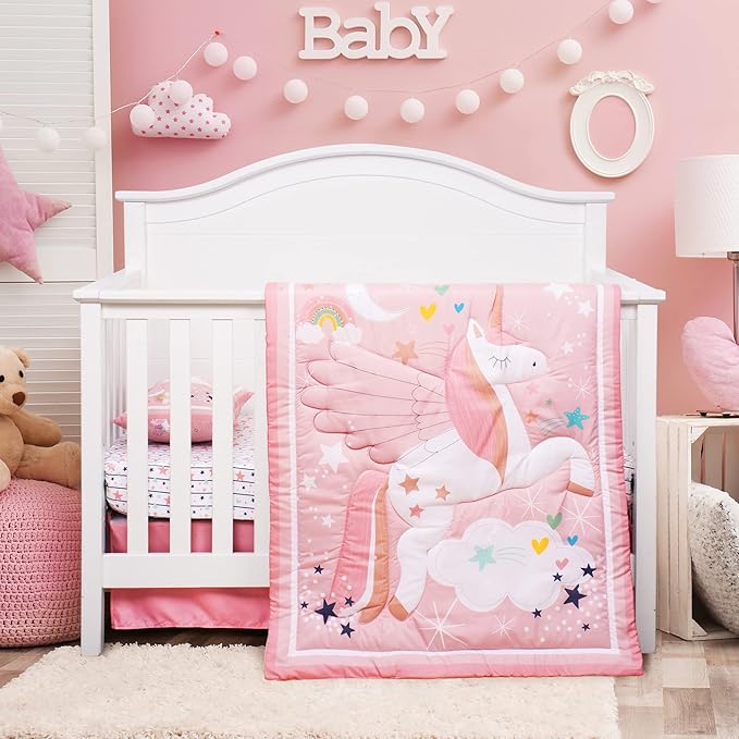 Cloele Pink Crib Bedding Set for Girls- 4 Piece Unicorns Baby Comforter Bed Set Includes Crib Skirt Quilt Fitted Sheet Toddler Pillowcase - Pink Soft Nursery Baby Bedding Set for Girls