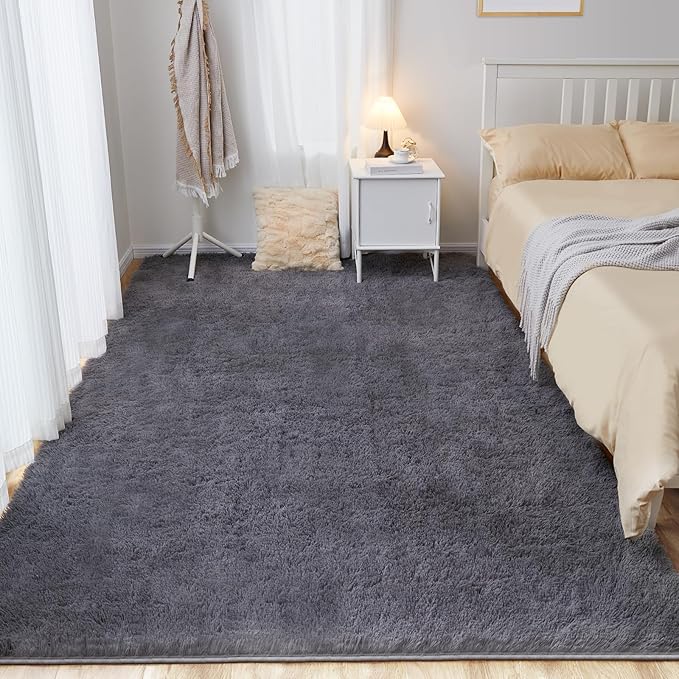 9x12 Grey Fluffy Plush Area Rug, Ultra Soft Bedroom Rug Indoor Carpet, Anti-Skid High Pile Luxury Rugs for Nursery, Kids Room, Playroom, Home Decoration