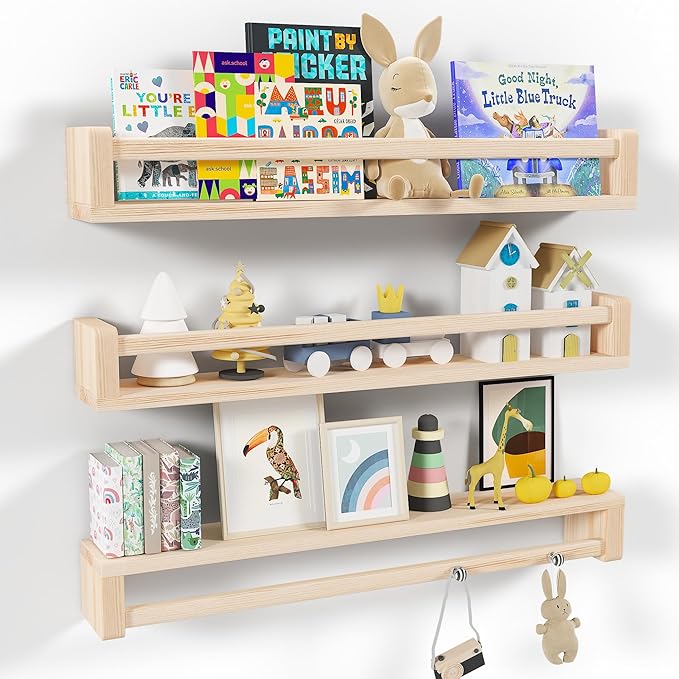 Heimlove Nursery Floating Shelves, Wood Nursery Book Shelves for Wall, 32 inch Wall Bookshelf for Kids Solid Wood Shelves for Books,Toys and Decor Storage, Set of 3