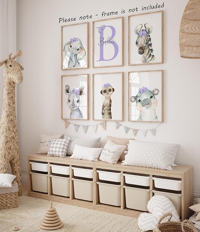 Personalized Safari Animals for Baby Girls Nursery, Set of 6 Unframed Poster Prints, Personalized Name Pink Lilac Floral, Girls Bedroom Decor, Elephant Giraffe (12x16)