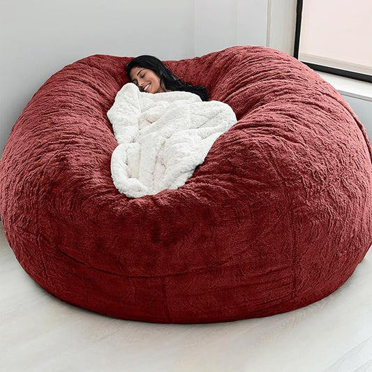 (Cover only, No Filler) Giant Fur Bean Bag Chair Cover(Cover only, No Filler) for Kids Adults, Living Room Furniture Big Round Soft Fluffy Faux Fur Beanbag Lazy Sofa Bed Cover (Wine Red, 7FT)