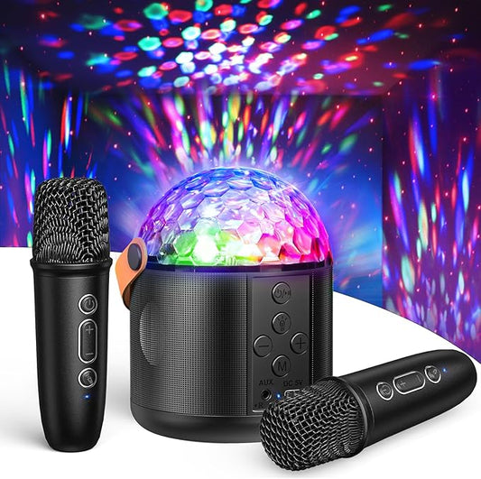 Karaoke Machine with Disco LED Lights for Adults Kids, Portable Bluetooth Speaker with 2 Wireless Microphone Toys Gifts for Girls Boys Birthday Family Home Party