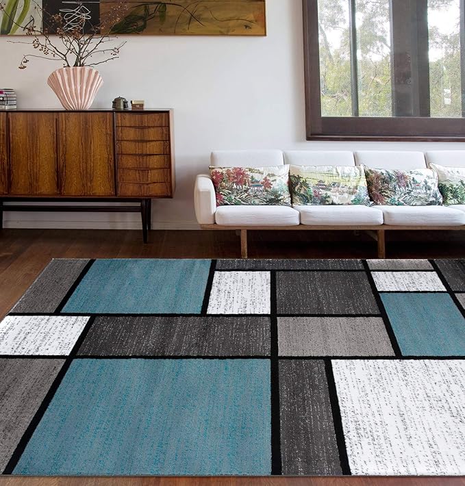 Rugshop Contemporary Modern Boxes for Home Office,Living Room,Bedroom,Kitchen Non Shedding Area Rug 9' X 12' Blue/Gray