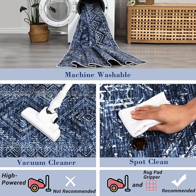 COZYLOOM Living Room Rug 9x12 Machine Washable Area Rugs Modern Abstract Floor Cover Non Slip Low Pile Geometric Mats Stain Resistant Foldable Carpet for Dining Room Bedroom, Blue