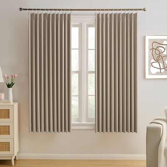 KEQIAOSUOCAI Pleated Blackout Curtain Drapes for Window 63" L - Triple Weave Energy Saving Solid Pinch Pleat Hook Thermal Room Divider Blackout Panels for Patio (72" Wide per Panel, 2 Panels, Khaki)