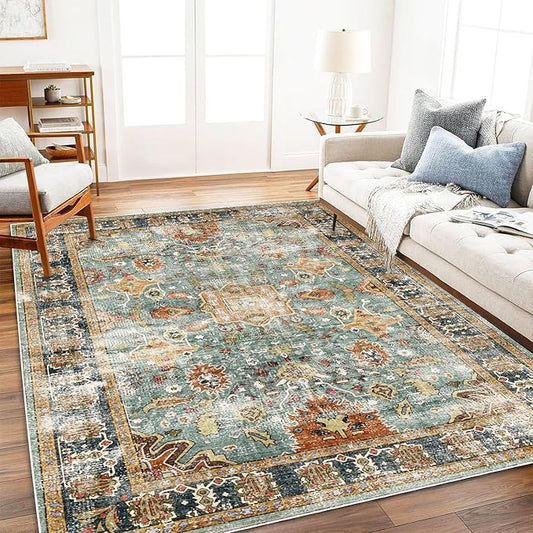 Area Rug 9'x12' Washable Vintage Traditional Mat Distressed Indoor Foldable Thin Retro Accent Floral Print Non Slip Carpet for Living Room Dining Room Office