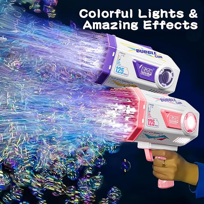 BOMOCO Bubble Gun,125 Holes Bubble Machine Bubbles for Kids Age 3-12,Bubble Blaster Gun with Bubble Solution Summer Outdoor Bubble Toys Birthday Wedding Halloween Party Favors Gifts Bubble Maker,Pink