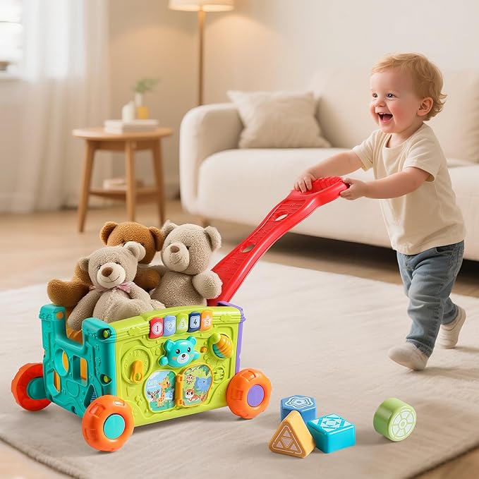 Interactive Learning Push Walker Toy for Toddlers, Musical Activity Wagon with Handle, Educational Rolling Cart with Blocks