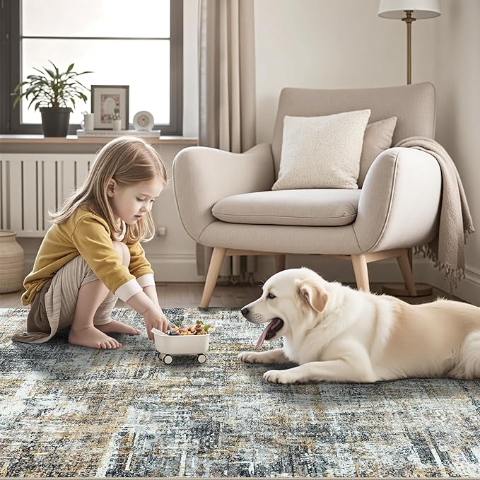 Area Rug Living Room Rugs: 5x7 Abstract Washable Rugs Ultra Soft Carpets with Non-Slip Backing Stain Resistant Carpet for Dining Room Table Bedroom Nursery Indoor Home Office Brown/Gray