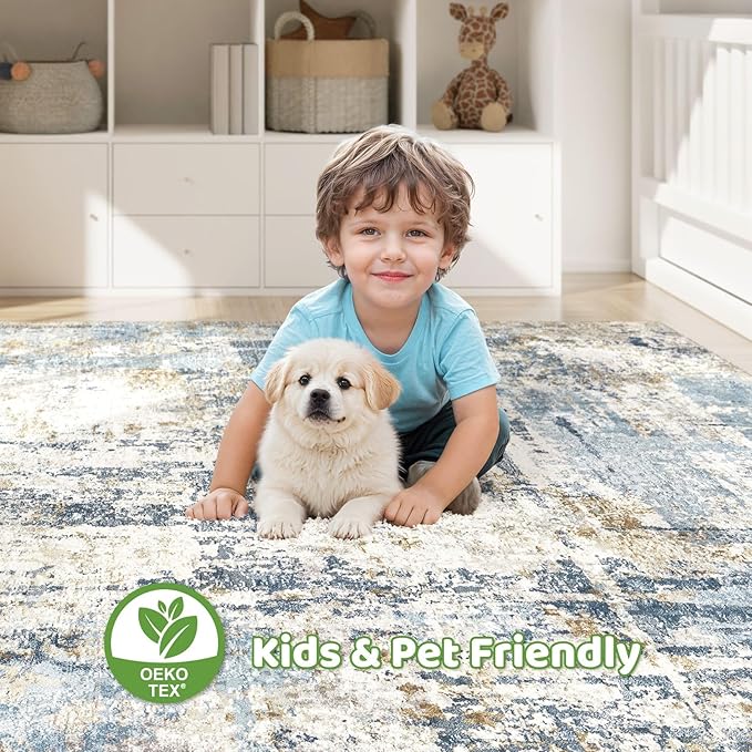 12x15 Area Rugs Washable Rug: Living Room Large Abstract Modern Soft Stain Resistant Indoor Floor Non Slip Accent Carpet for Bedroom Nursery Playroom Office Dining Room Dorm Home House- Blue