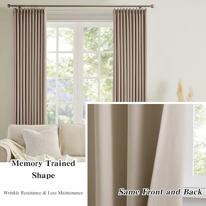 KEQIAOSUOCAI 60 Wide Pinch Pleated Window Curtain Panels 102 Inches Long Custom Made Pleated Curtains Hooks Track Privacy Memory Shape Drape for Living Room,Khaki, Set of 2=120 Inch Wide