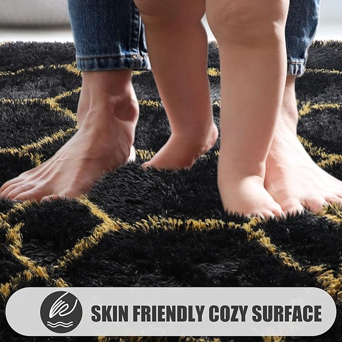 ONASAR 5x8 Rugs for Living Room Bedroom, Washable Fluffy Black and Gold Area Rug, Geometric Boho Soft Plush Shaggy Floor Carpet Mat for Nursery Kids Girls Boys Teen Dorm Home Decor Aesthetic