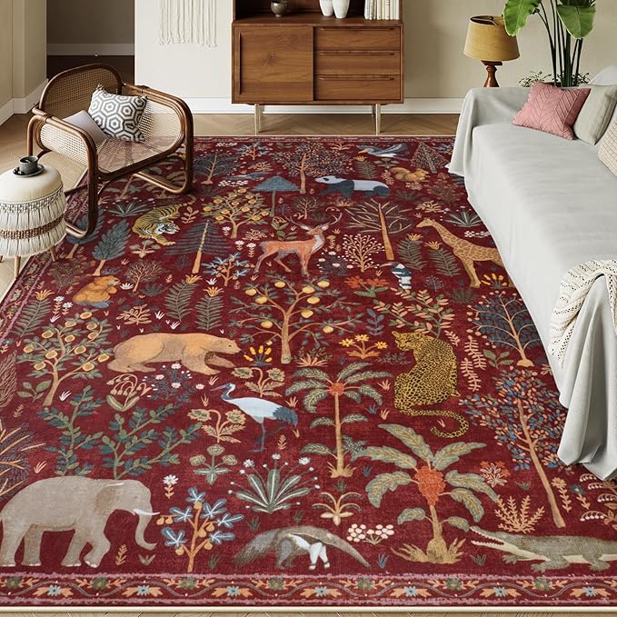 OJIA Animal Washable Rugs 8x10, Soft 8x10 Area Rugs for Living Room, Non Slip Bedroom Rug Under Bed Ultra-Thin Nursery Rug Large Carpet for Dining Room Office Playroom, Red
