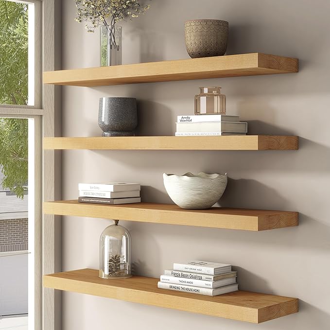 Floating Shelves for Wall, USA-Sourced Brich Wood 36 Inch Long Wall Shelves Set of 2, Natural Wooden Mounted Picture Ledge Shelf, Nursery Book Storage Shelf Kids Bookshelf, Display Shelf