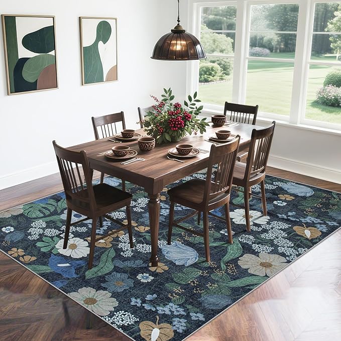 8x10 Area Rug for Living Room: Vintage Floral Washable Rug Soft Boho Non Slip Carpet Large Indoor Floor Non Shedding Low Pile Thin Carpets for Bedroom Dining Room Farmhouse Nursery Home Office Blue