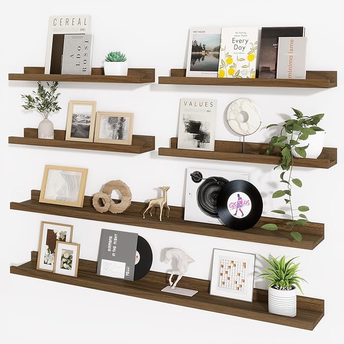 Axeman Picture Ledge Shelf, Floating Shelves for Wall Decor Storage Set of 6, 48 inch Floating Wall Mounted Shelves, Wall Shelves with Lip for Living Room, Bedroom, Nursery, Bathroom, Kitchen, Walnut