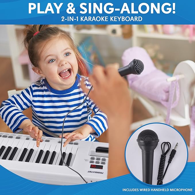 Pyle, Portable Digital Electronic Keyboard Piano 37 Keys with Microphone & Carry Strap, Built-in Sustain Controller, Rechargeable Battery-Karaoke Keyboard Compact Musical Keytar White