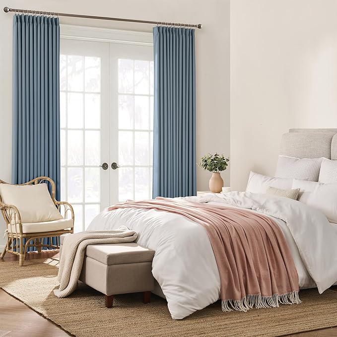 KEQIAOSUOCAI Pinch Pleated Patio Sliding Door Curtains 102 Inch Length, Blackout Room Divider Curtain Drapes for Living Room Dining Room French Door(Dusty Blue, 100 Inch Wide per Panel, 2 Panels)