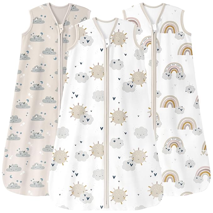 Baby Sleep Sack 0-6 Months 0.5 Tog Wearable Blanket Baby, 3 Pack 100% Cotton Lightweight Sleeping Sack with 2-Way Zipper for Newborn Infant Apricot White Sun Clouds