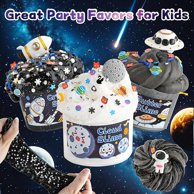 LAWOHO 6 Pack Galaxy Slime Kit for Kids- Cloud, Butter & Clear Slimes with Space Add-ins, 360ml Black Slime for Boys Girls, Kids Slime Kits for Easter Christmas Halloween Birthday, Space Party Favors