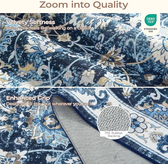 Floral 8x10 Area Rug for Living Room, Large Washable Blue Rugs, Soft Non Slip Carpets, Stain Resistant Low Pile Carpet for Indoor Dining Bedroom Under Table Home Office Nursery, Blues Garden