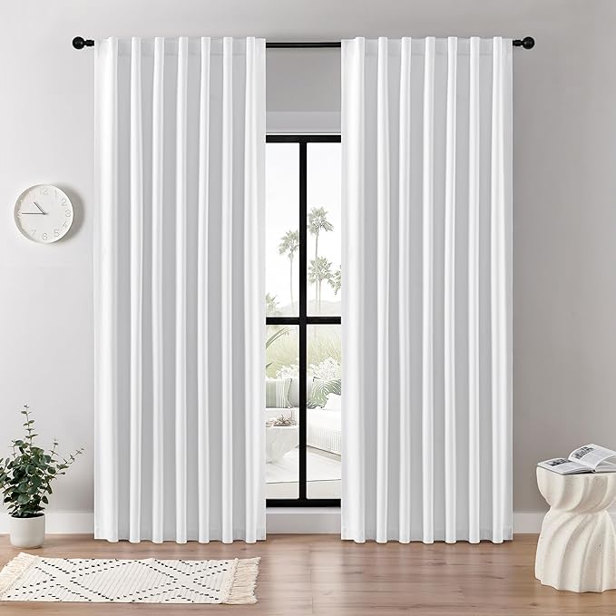 Joydeco Faux Linen Blackout Curtains for Bedroom,White Blackout Curtains 96 inches Long,100% Blackout Solid Thermal Insulated Window Drapes Luxury Decor for Living Room（W52xL96 Inch,White）
