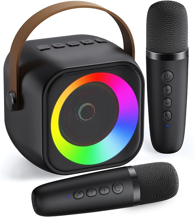 Mini Karaoke Machine, Portable Bluetooth Karaoke Speaker with 2 Wireless Microphones and Party Lights for Kids and Adults, Birthday Gifts for Girls Boys Family Home Party