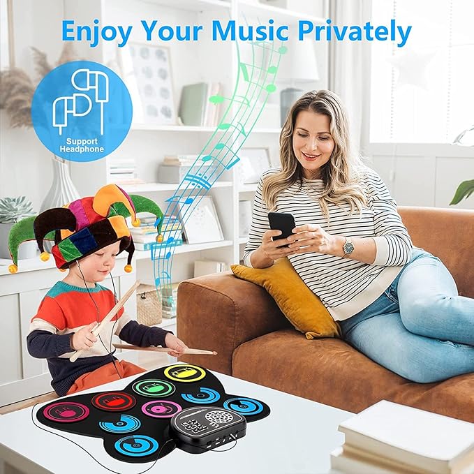 9-Pads Electronic Drum Set with Headphone Jack Speaker Drumsticks & Pedals, Holiday Gifts for Kids