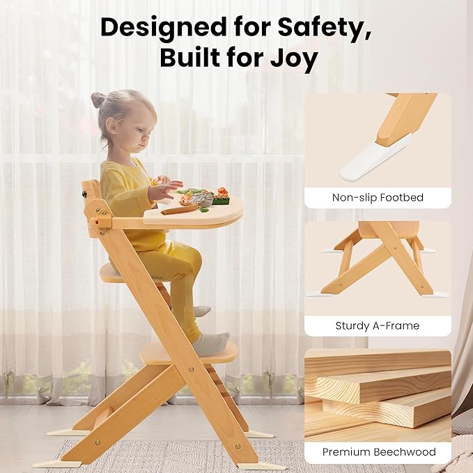 High Chair for Babies and Toddlers, Wooden Highchair with Adjustable Seat & Convertible Footrest Heights, Baby Feeding Chair with Safety Harness & Removable Double Layer Tray