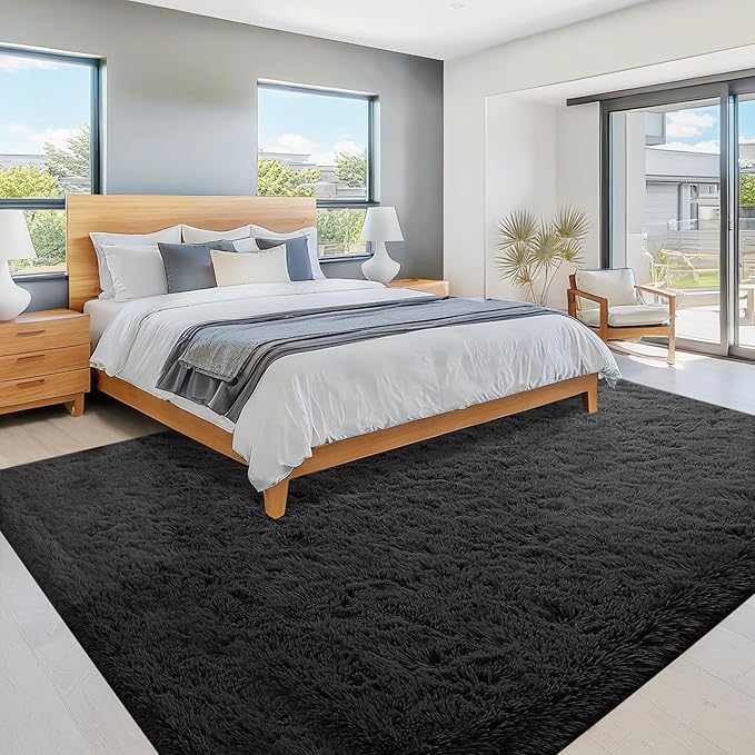 6x9 Area Rug for Living Room: Fluffy Shag Soft Washable Rugs Large Fuzzy Plush Indoor Carpet for Bedroom Nursery Playroom Kids Girls Boys Room (Black, 6'x9')