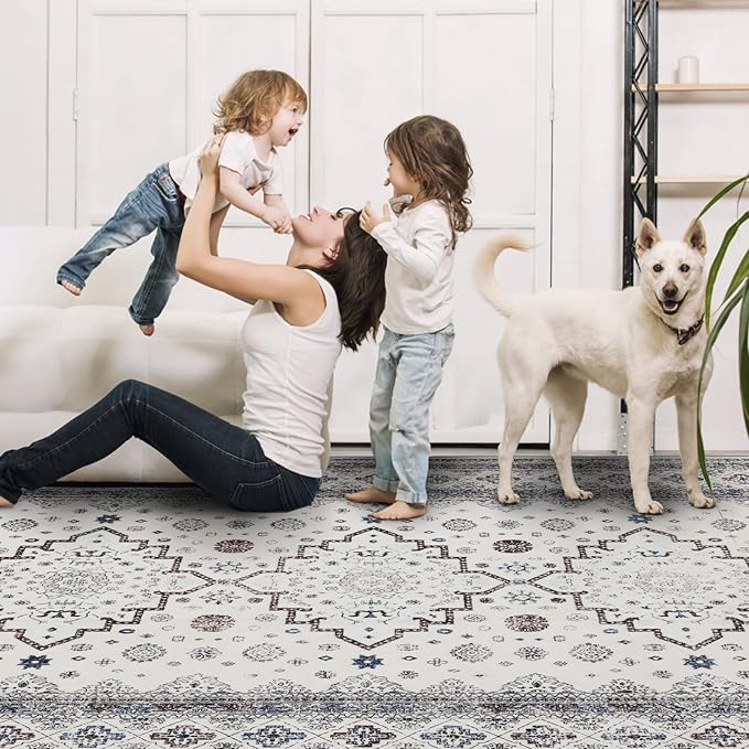 9x12 Area Rug Living Room Rugs, Stain Resistant Washable Rug, Vintage Large Non-Slip Backing, Low Pile Lightweight Print Rug for Bedroom Dinning Room Home Office (White Cream/Gray)