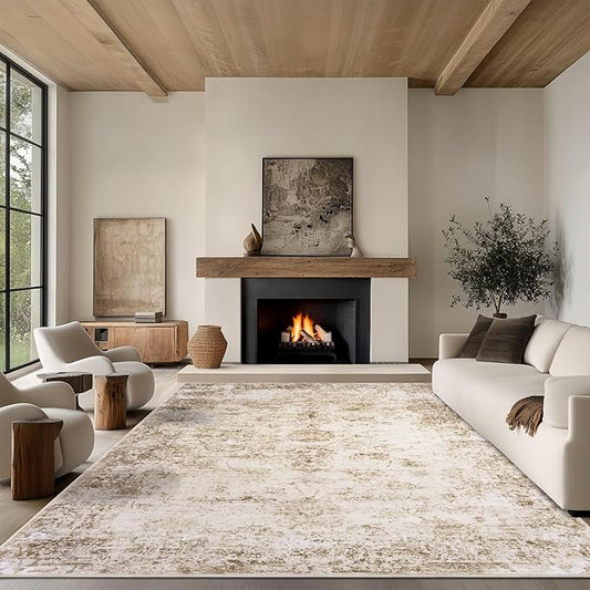 8x10 Area Rug Living Room Rugs - Washable Rug Large Modern Abstract Soft Thin Carpets Indoor Floor No Slip Vintage Carpet for Bedroom Under Dining Table Nursery Home Office Decor Beige