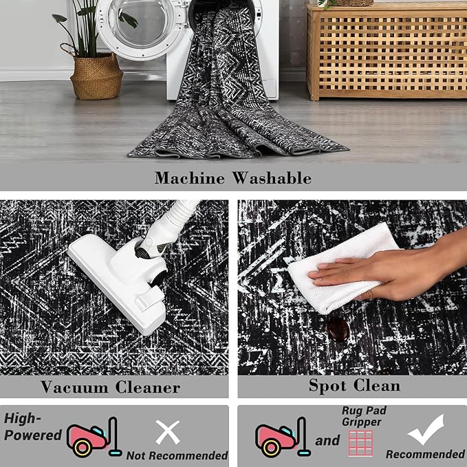 COZYLOOM Area Rug for Bedroom 5x7 Machine Washable Rugs for Living Room Modern Abstract Floor Cover Non Slip Low Pile Geometric Mats Stain Resistant Soft Carpet for Dining Room, Black