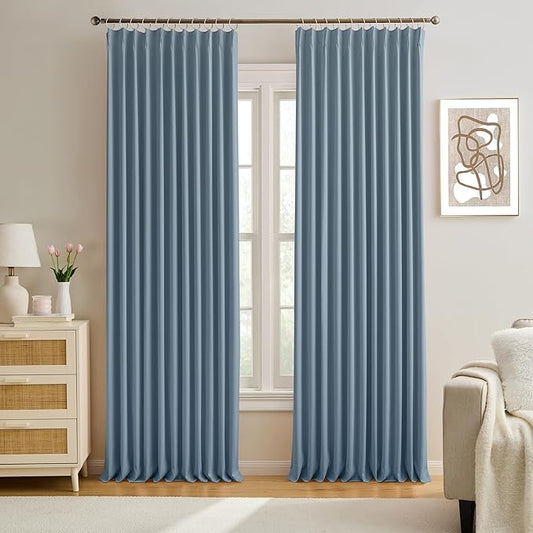 KEQIAOSUOCAI Pinch Pleated Blackout Curtain Drapes for Window 100" L - Triple Weave Energy Saving Thermal Room Divider Blackout Panels for Patio (72" Wide per Panel, 2 Panels, Dusty Blue)