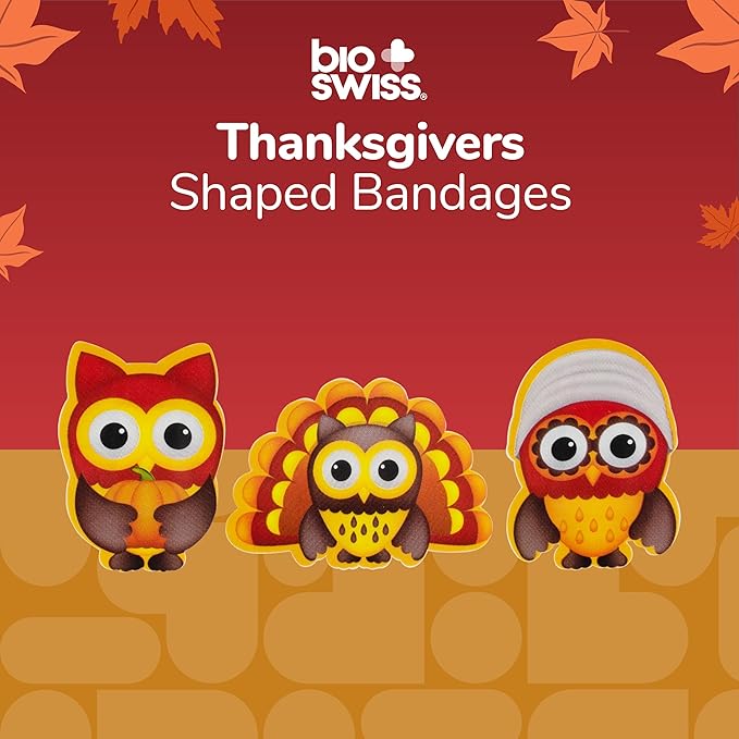 BioSwiss Bandages, Thanksgiving Shaped Self Adhesive Bandage, Latex Free Sterile Wound Care, Fun First Aid Kit Supplies for Kids and Adults, 50 Count