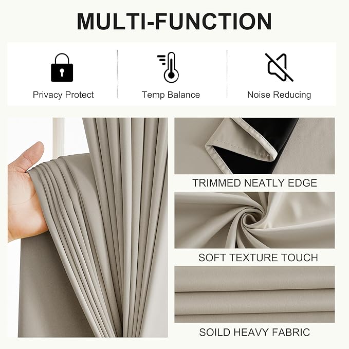 NICETOWN 100% Blackout Curtains for Bedroom, Thermal Insulated Window Curtains 63 Inch Length 2 Panels Set, Grommet Top Short Drapes for Living Room, 52" W x 63" L, Natural