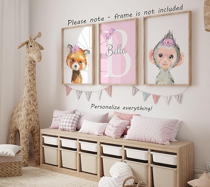 Personalized Safari Animals for Baby Girls Nursery, Set of 3 Unframed Poster Prints, Personalized Name Pink Lilac Floral, Girls Bedroom Decor, Elephant Giraffe (12x16)