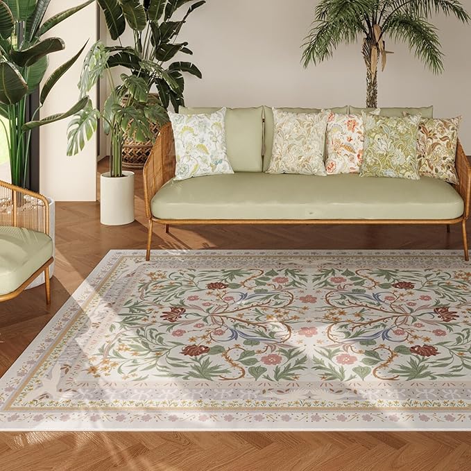 Bedroom Rug 3x5 Rug Washable Area Rug Non Slip Low Pile Vintage Floral Botanical Small Carpet for Bedroom, Bedside, Kitchen, Entryway, Kids Room, Office, Beige