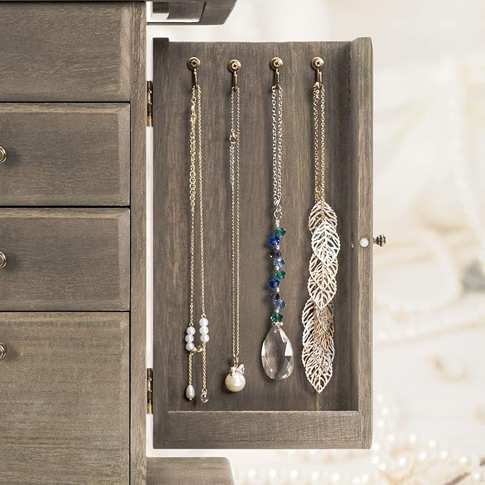 Jewelry Box for Women, Rustic Wooden Jewelry Boxes & Organizers with Mirror, 4 Layer Jewelry Organizer Box Display for Rings Earrings Necklaces Bracelets (Weathered Gray)