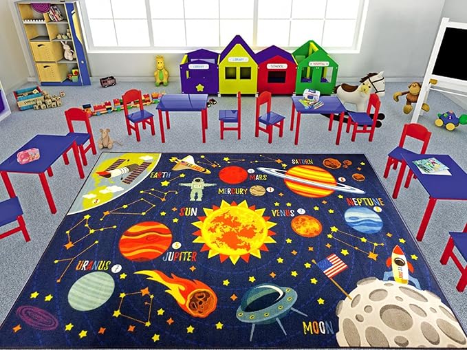 KC Cubs 8x10 Outer Space Solar System Toy Car Road Rug – Educational Play Mat Carpet for Kids, Toddlers, Nursery, Classroom, Playroom, Baby Daycare