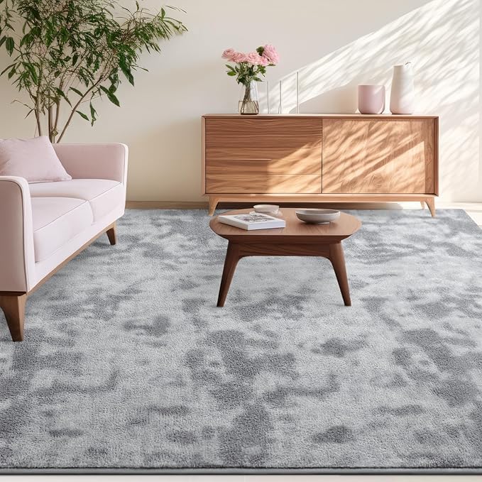 Kimicole 6x9 Washable Area Rugs for Living Room Bedroom, Large Low Pile Ulta-Thin Solid Color Rug, Non-Slip Soft Fluffy Carpet for Nursery Kids Room Dorm Room Home Decor (Light Grey)