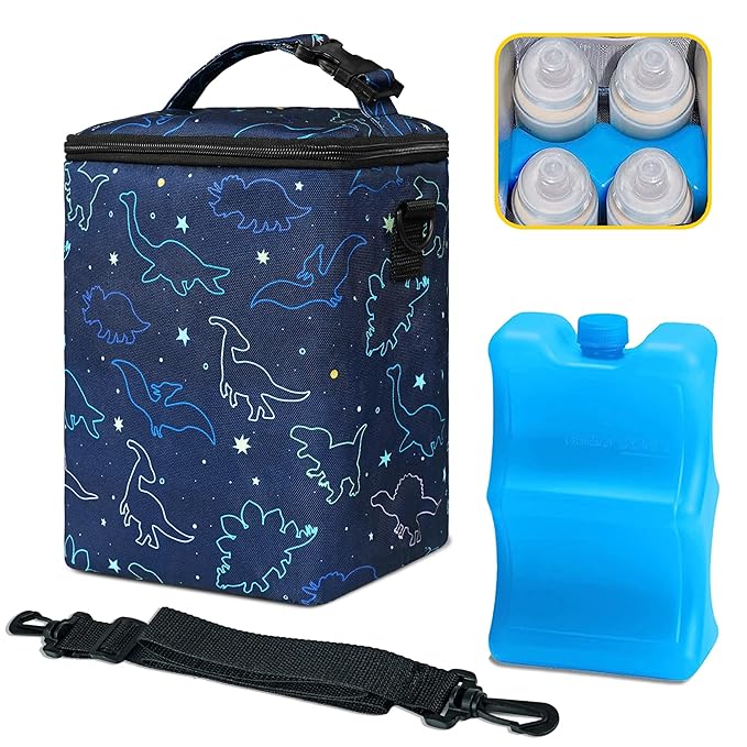 Breastmilk Cooler Bag with Ice Pack Fits 4 Bottles Up to 9 Ounce - Insulated Baby Bottle Cooler for Nursing Moms on the Go with Strap